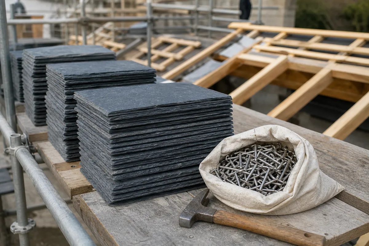 Ardoises naturelles empilées sur un chantier de couverture