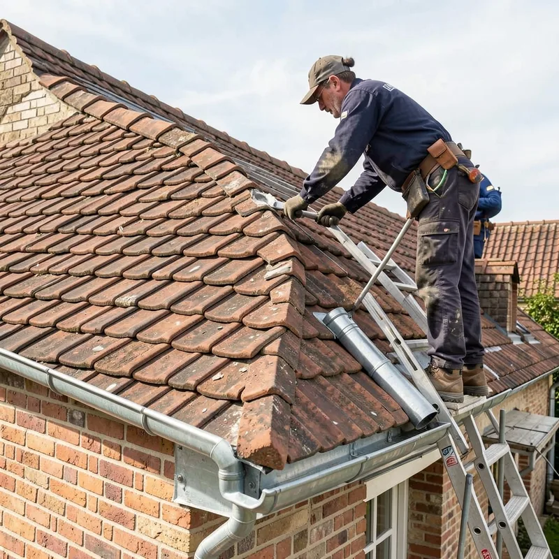 Toiture en tuiles et zinc d&rsquo;une maison en brique du Nord