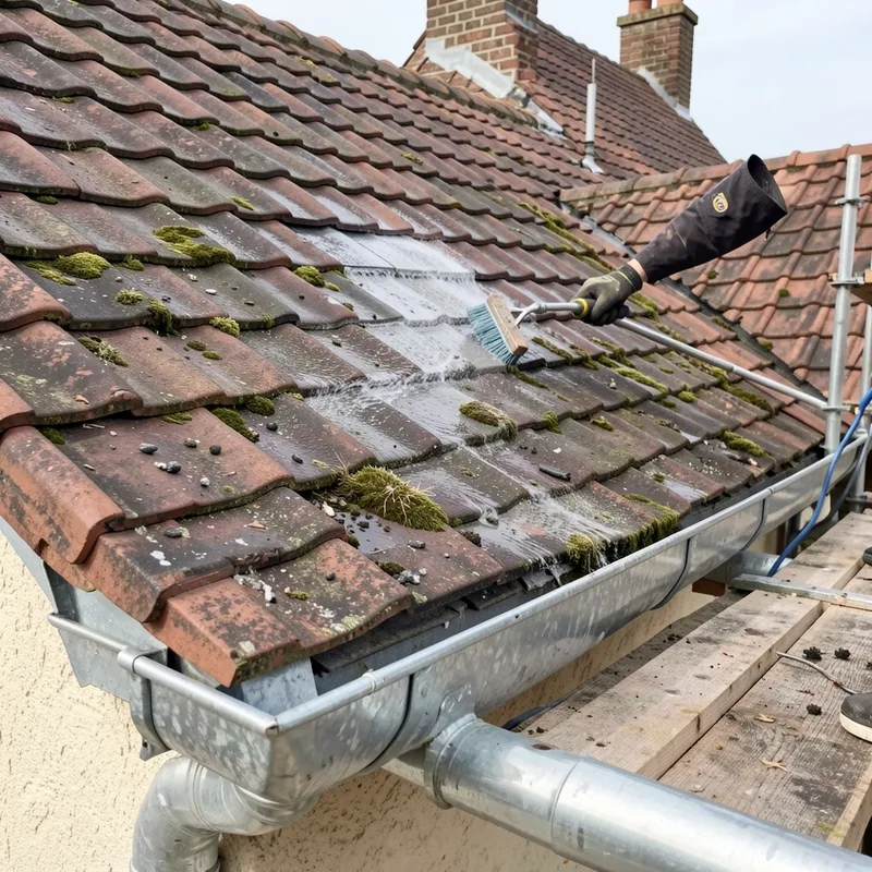 Démoussage d’une toiture couverte de mousse par un couvreur